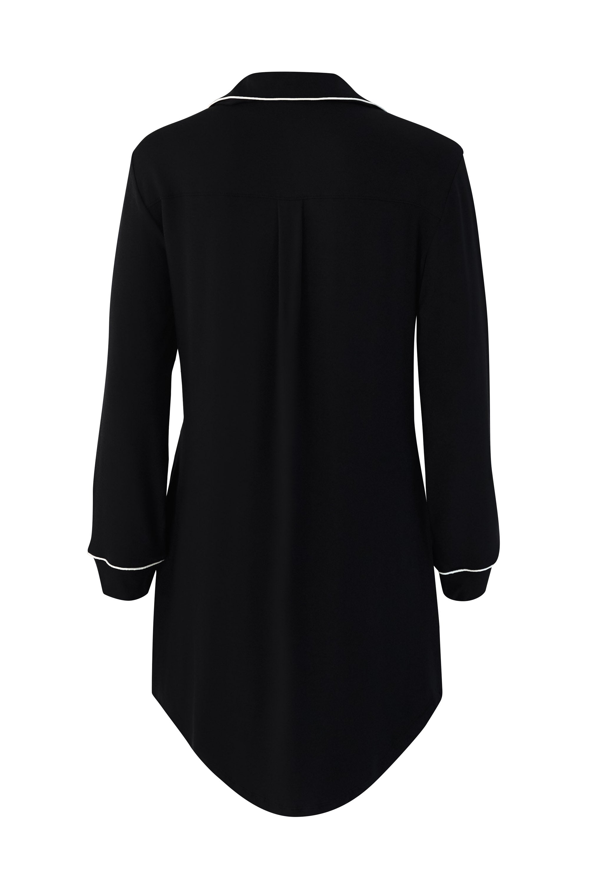 Black dress with white trim on a white background