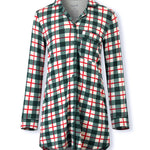A women's long-sleeve plaid button-up shirt in green, white, and red, shown against a plain white background.