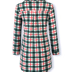A long-sleeve plaid shirt dress with a green, white, and red checkered pattern, shown from the back on a white background.