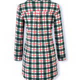 A long-sleeve plaid shirt dress with a green, white, and red checkered pattern, shown from the back on a white background.