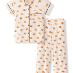 Women's Short Sleeve Cropped Pajama Set in Croissant print on a white background