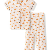 Women's Short Sleeve Cropped Pajama Set in Croissant print on a white background