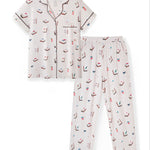 Women's Short Sleeve Cropped Pajama Set in Vanilla Mahjong print on white background
