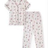 Women's Short Sleeve Cropped Pajama Set in Vanilla Mahjong print on white background