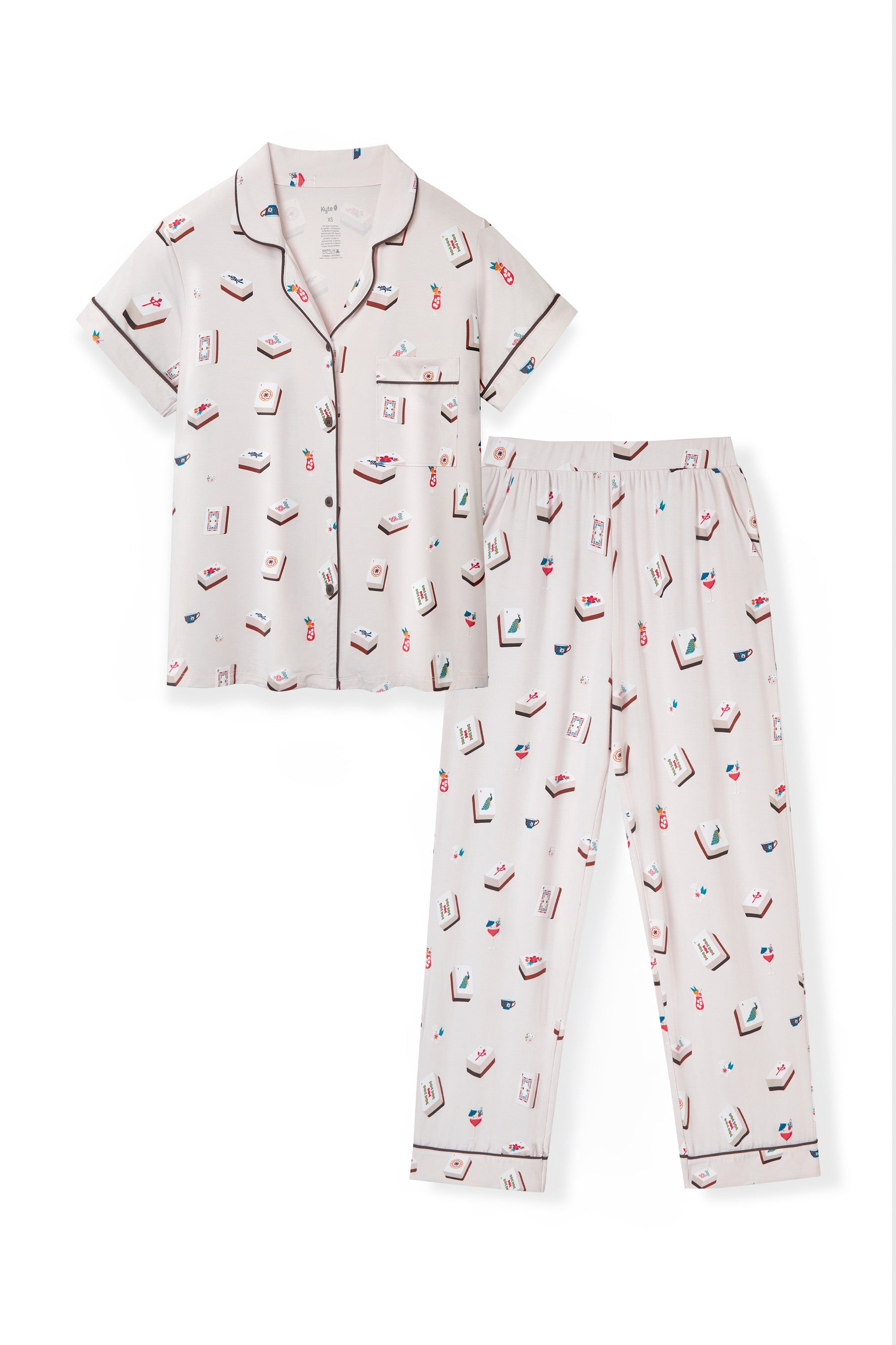 Women's Short Sleeve Cropped Pajama Set in Vanilla Mahjong print on white background