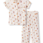 Women's Short Sleeve Cropped Pajama Set in Pumpkin Spice Latte print on a white background