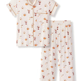Women's Short Sleeve Cropped Pajama Set in Pumpkin Spice Latte print on a white background