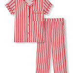 Women's Short Sleeve Cropped Pajama Set in red and white Peppermint Stripes print on a white background