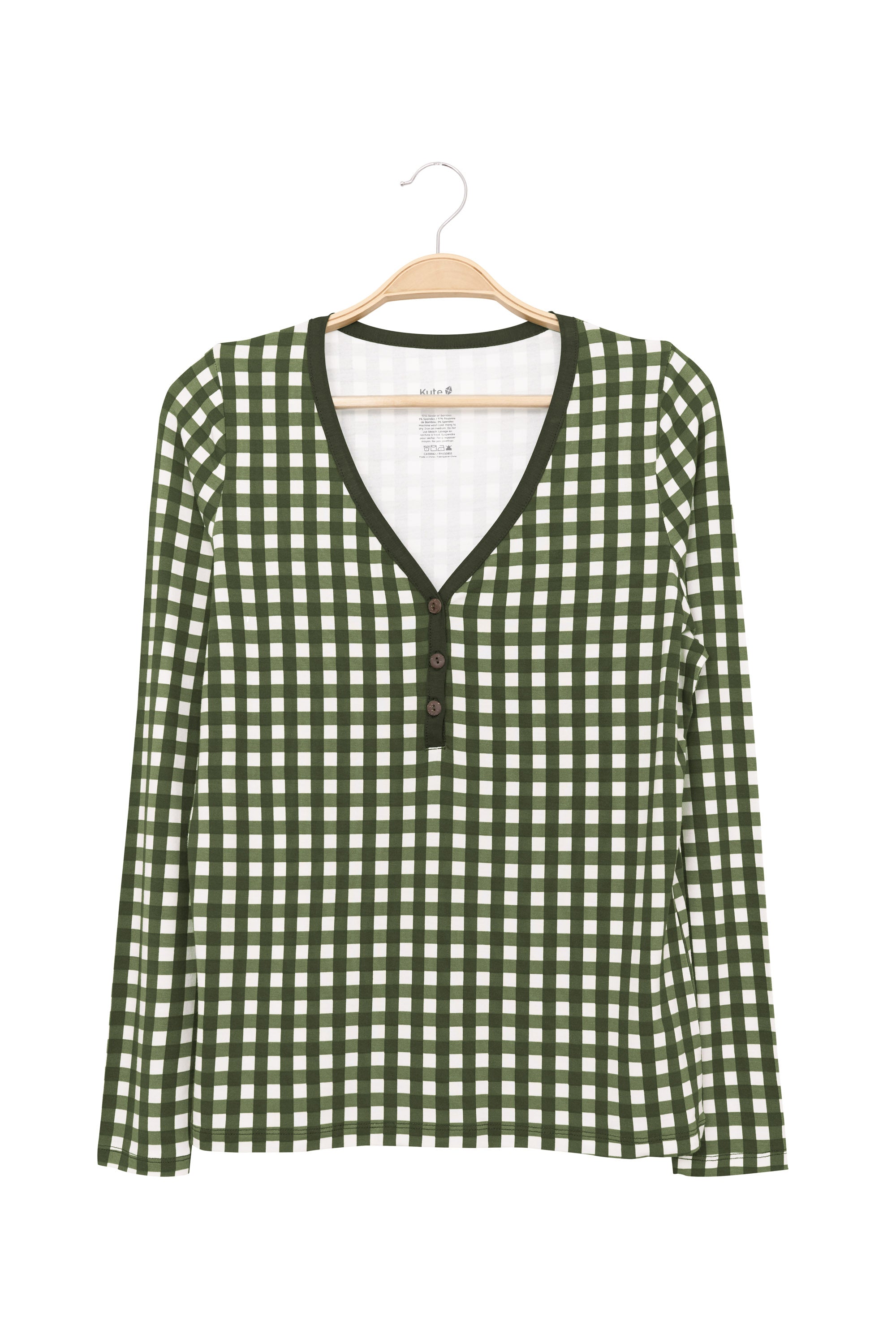 Product photo of Women's Long Sleeve Henley Tee in Gingham Fir