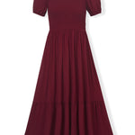 Front side of Women’s Smocked Dress in Burgundy on a white background