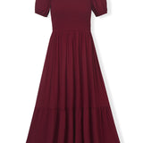 Front side of Women’s Smocked Dress in Burgundy on a white background