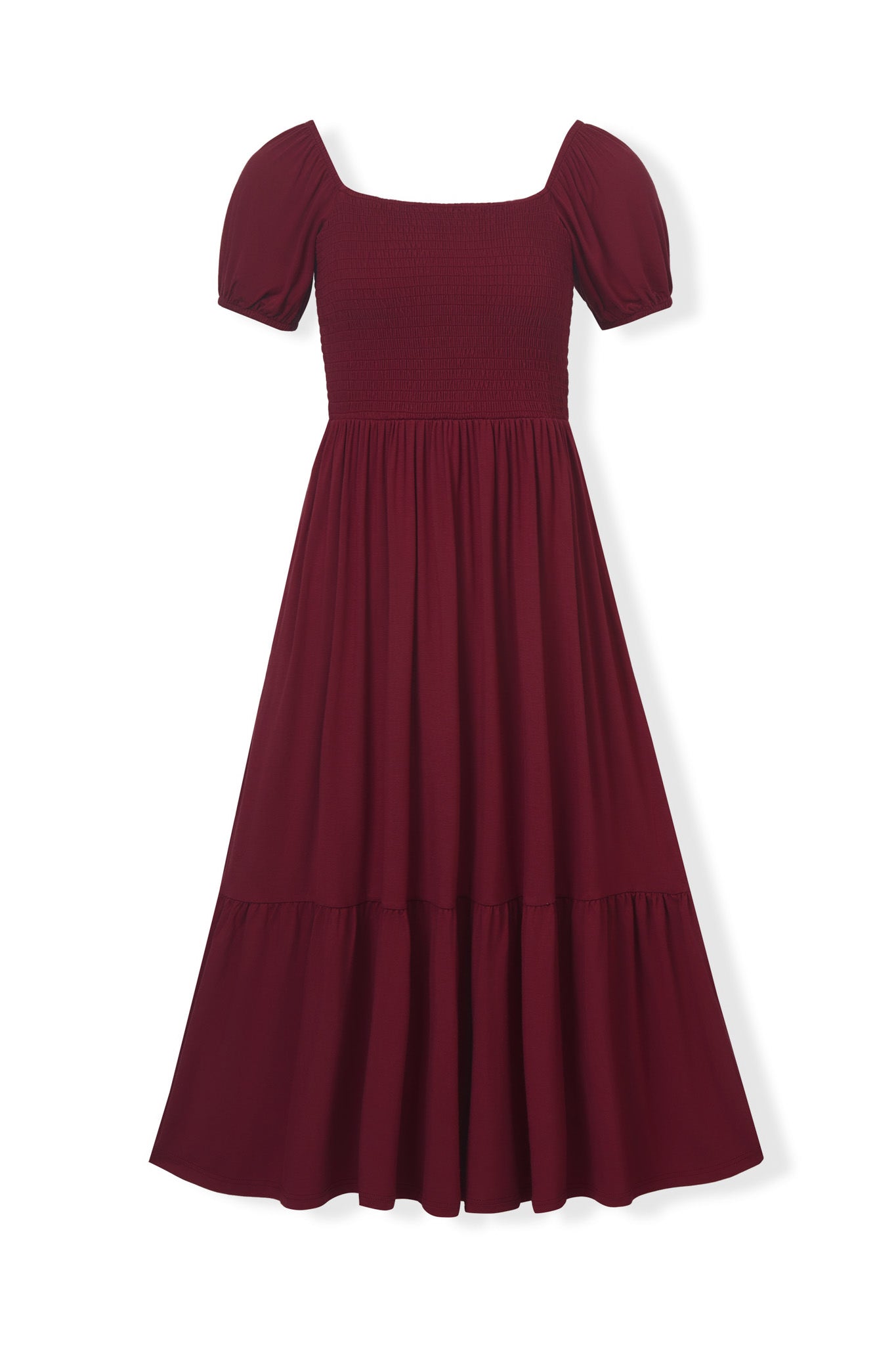 Front side of Women’s Smocked Dress in Burgundy on a white background