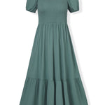 Front side of Women’s Smocked Dress in Pine on a white background