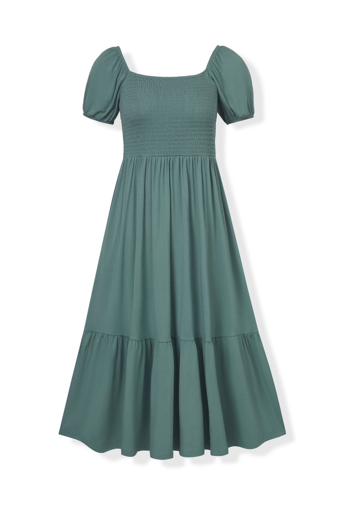 Front side of Women’s Smocked Dress in Pine on a white background