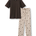Men's pajama set featuring a brown crew neck tee and western printed pajama lounge pants against a white background
