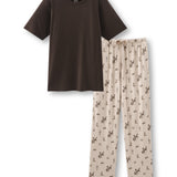 Men's pajama set featuring a brown crew neck tee and western printed pajama lounge pants against a white background