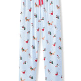 Blue Men's Lounge Pants in Holiday Pups print on a white background