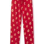 Red holiday-themed lounge pants with an all-over print of gingerbread men, candy canes, and gingerbread houses, featuring an elastic waistband and drawstring.