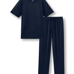 Men's pajama set featuring a navt crew neck tee and navy pajama lounge pants against a white background