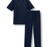 Men's pajama set featuring a navt crew neck tee and navy pajama lounge pants against a white background