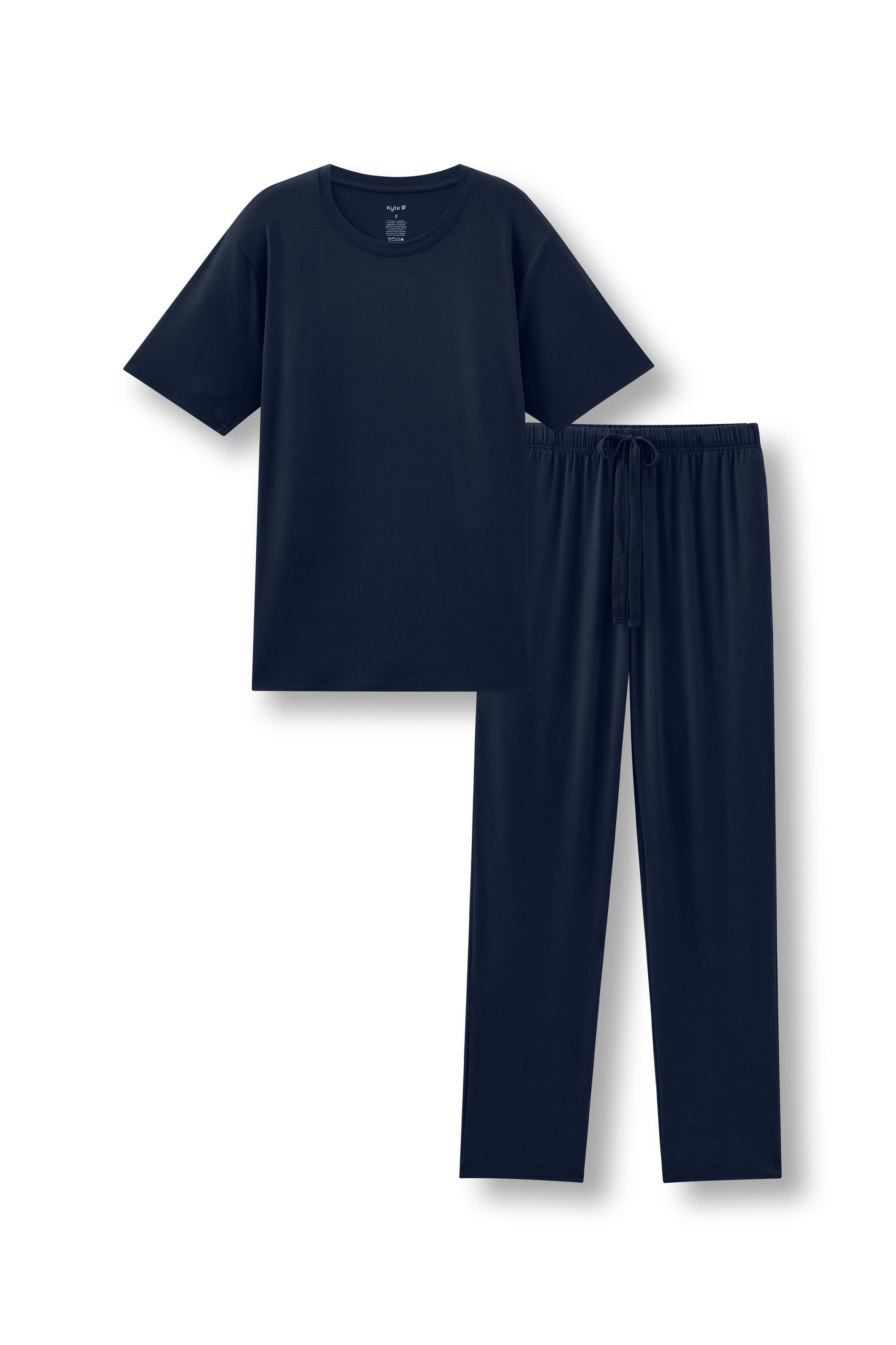 Men's pajama set featuring a navt crew neck tee and navy pajama lounge pants against a white background