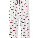White pajama pants with an all-over red and black holiday truck and pine tree print, featuring a red drawstring waist.