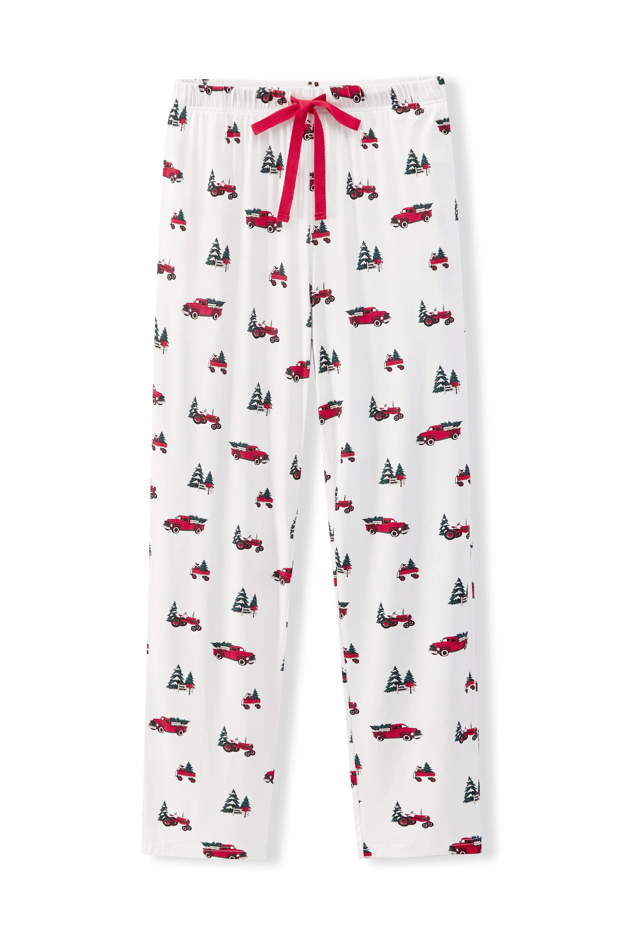 White pajama pants with an all-over red and black holiday truck and pine tree print, featuring a red drawstring waist.