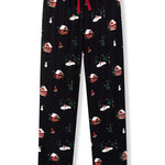Black holiday-themed lounge pants with a red drawstring and an all-over print of snow-covered cabins, trees, and snowmen, shown flat against a white background.
