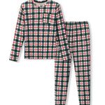 A two-piece pajama set featuring a long-sleeve top and matching pants in a festive green, red, and white plaid pattern, displayed on a clean white background.