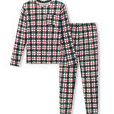A two-piece pajama set featuring a long-sleeve top and matching pants in a festive green, red, and white plaid pattern, displayed on a clean white background.