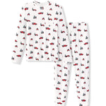 A two-piece men's pajama set featuring a long-sleeve top and matching pants, both in white with an all-over print of red pickup trucks and dark gray pine trees.