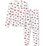 A two-piece men's pajama set featuring a long-sleeve top and matching pants, both in white with an all-over print of red pickup trucks and dark gray pine trees.