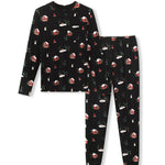 A two-piece mens pajama set featuring a long-sleeve top and matching pants in black with a festive holiday print of Santa Claus, snowman, pine trees, and gift boxes, displayed on a clean white background.