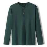 A dark green long-sleeve henley shirt with three brown buttons on the chest, displayed flat against a white background.