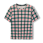 A short-sleeve crewneck t-shirt featuring a festive green, red, and white plaid pattern, displayed flat against a clean white background.