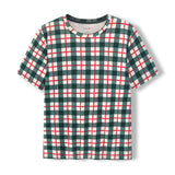 A short-sleeve crewneck t-shirt featuring a festive green, red, and white plaid pattern, displayed flat against a clean white background.