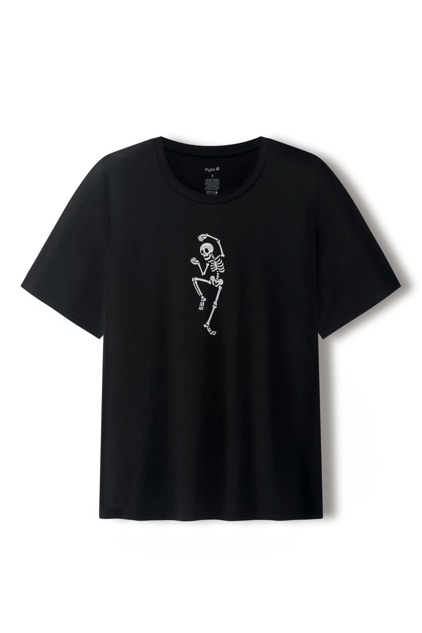 Black Men's Crew Neck Tee with Skeleton print in the center on a white background