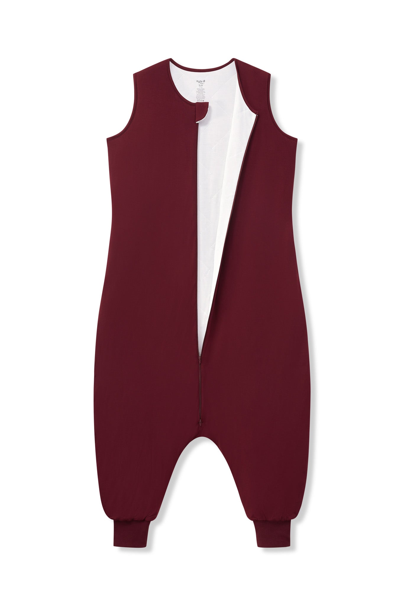 Adult Sleep Sack in Burgundy with open zipper on a white background