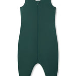 A dark green sleeveless sleeping adult jumpsuit with a front zipper, shown flat against a plain white background.