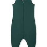 A dark green sleeveless sleeping adult jumpsuit with a front zipper, shown flat against a plain white background.