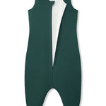 A dark green sleeveless jumpsuit with a front zipper and a contrasting white inner lining, shown flat on a white background.