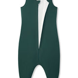 A dark green sleeveless jumpsuit with a front zipper and a contrasting white inner lining, shown flat on a white background.