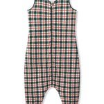 A sleeveless sleeping jumpsuit with a festive green, red, and white plaid pattern, featuring a front zipper, elastic waist, and cuffed legs.
