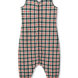 A sleeveless sleeping jumpsuit with a festive green, red, and white plaid pattern, featuring a front zipper, elastic waist, and cuffed legs.