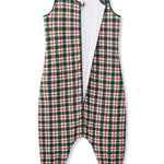 A sleeveless one-piece jumpsuit with a green, red, and white plaid pattern, featuring a white inner lining and elasticated ankle cuffs, shown flat on a white background.