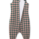 A sleeveless one-piece jumpsuit with a green, red, and white plaid pattern, featuring a white inner lining and elasticated ankle cuffs, shown flat on a white background.