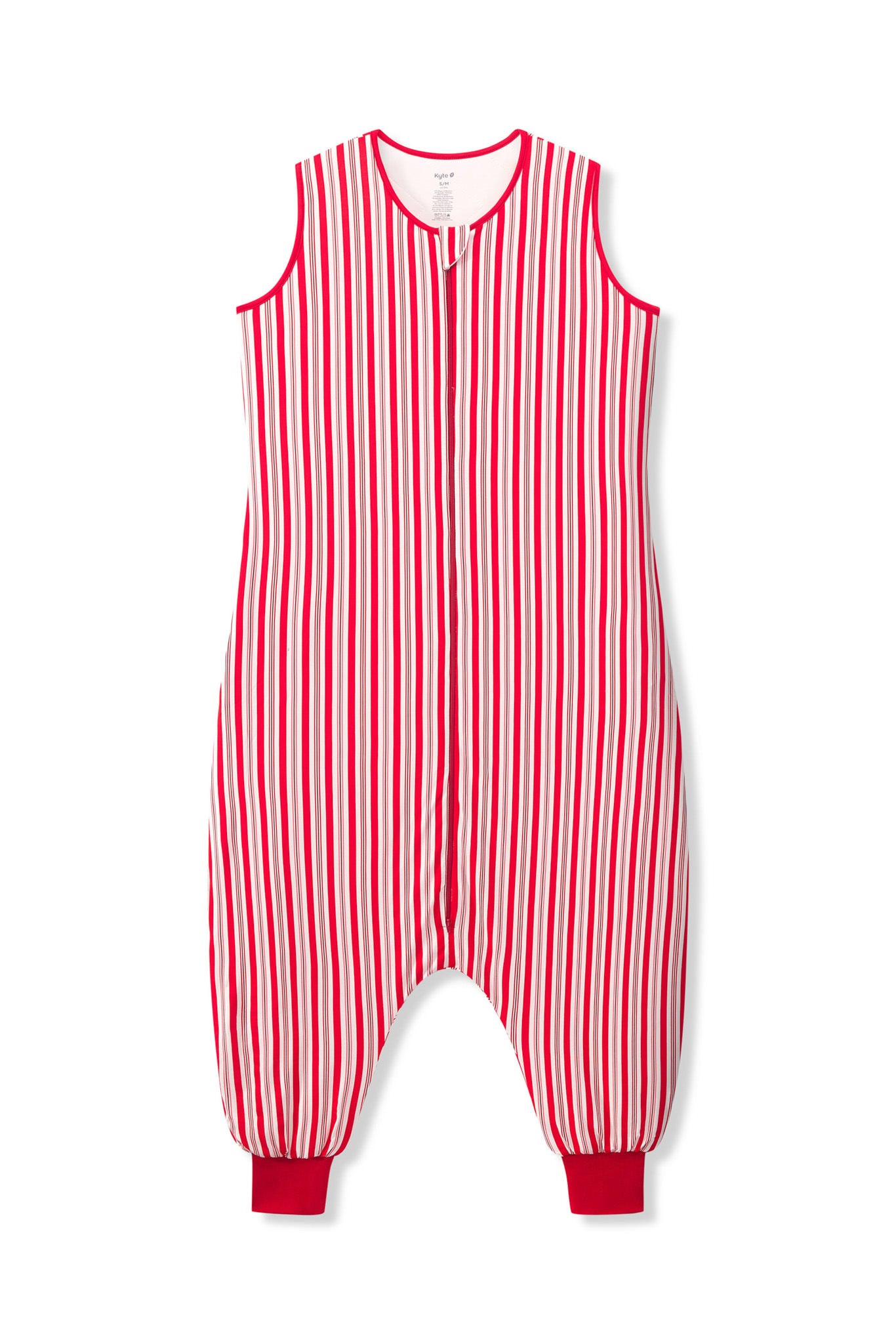 Adult Sleeveless Sleep Bag Walker in red and white Peppermint Stripe print on a white background