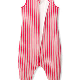Adult Sleeveless Sleep Bag Walker in red and white Peppermint Stripe print with open zipper on a white background