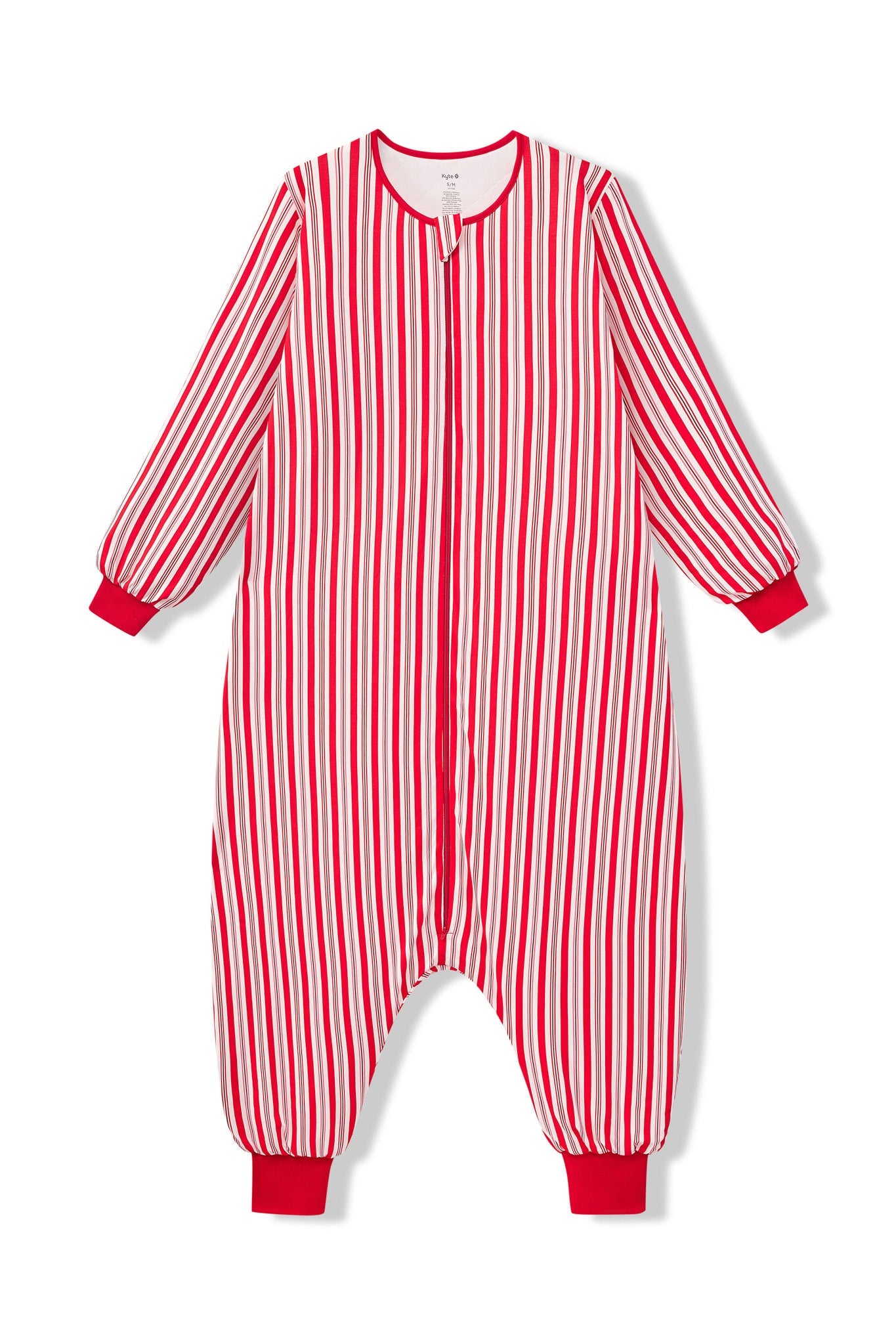 Long Sleeve Adult Sleep Bag Walker in red and white Peppermint Stripe print on a white background