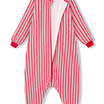 Long Sleeve Adult Sleep Bag Walker in red and white Peppermint Stripe print with open zipper on a white background